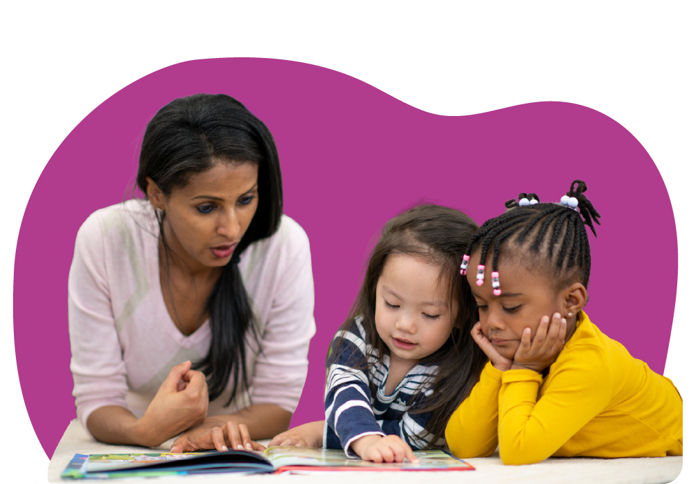 Teacher reading to children at Learning Center Live Oak preschool promoting literacy skills