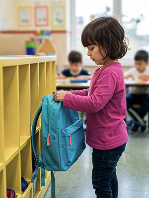 Preschool student placing her backpack in a classroom cubby on the first day of school.