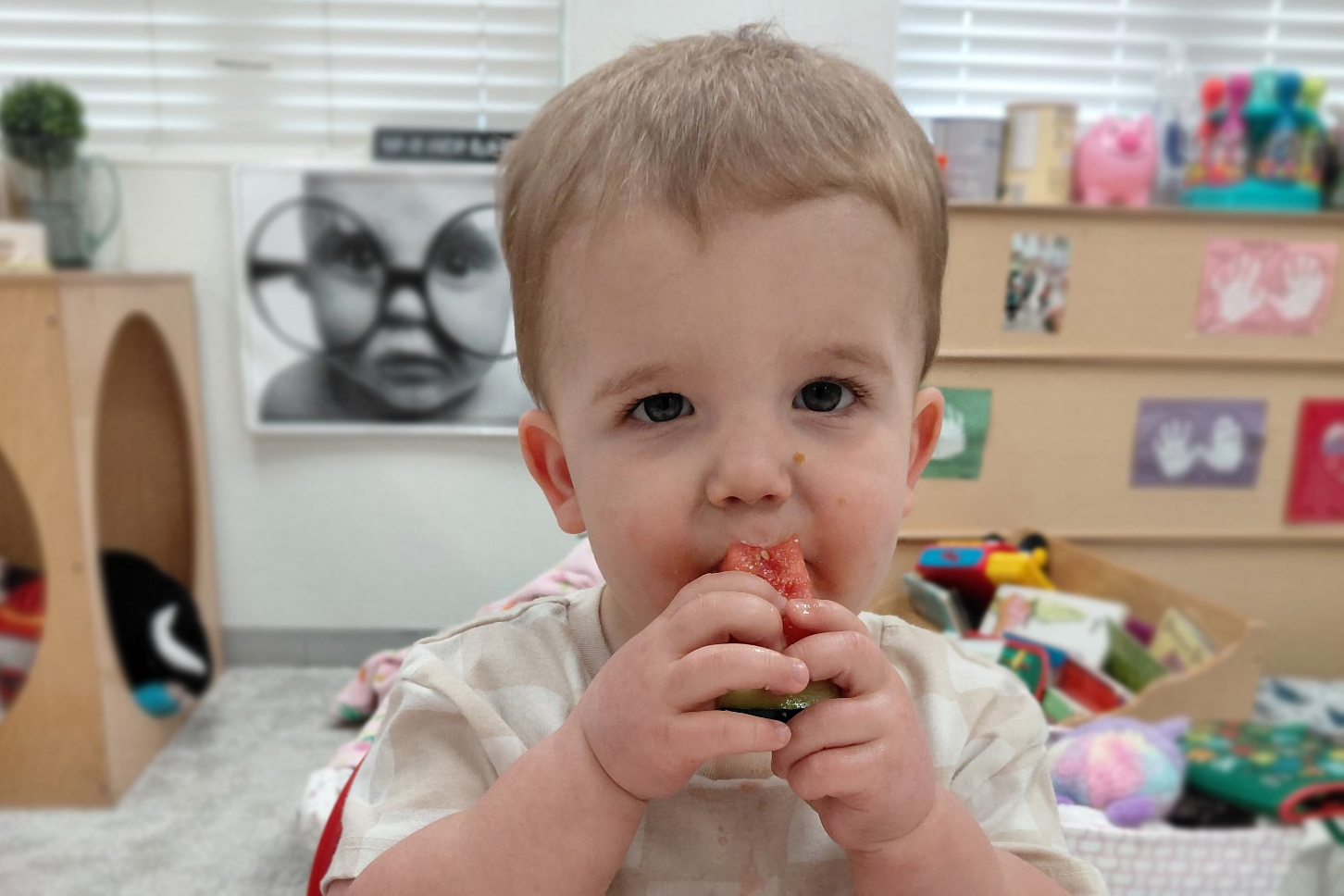 Child eating a nutritious lunch at Bright Beginnings daycare and preschool in Kerrville, Texas.