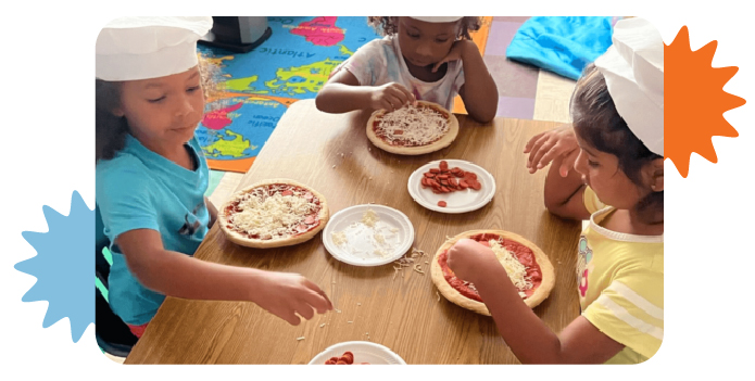 Preschool children preparing food together at Learning Center Live Oak classroom activity
